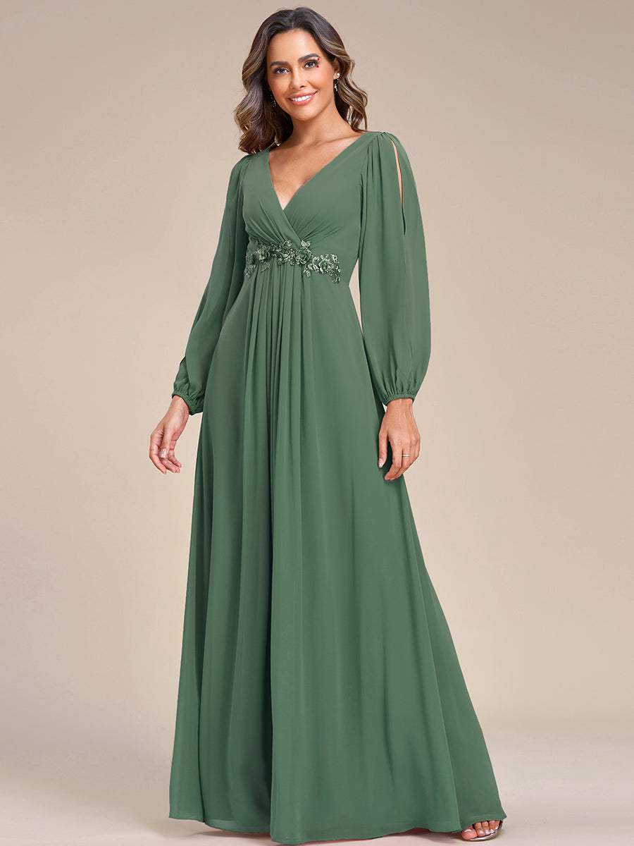 Stylish Chiffon Plus Size Evening Dresses with Long Lantern Sleeves #color_Eucalyptus Green