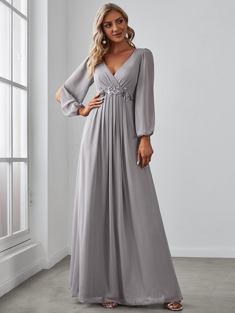 Lantern Long Slit Sleeve Deep V Applique Maxi Evening Dress #color_Grey