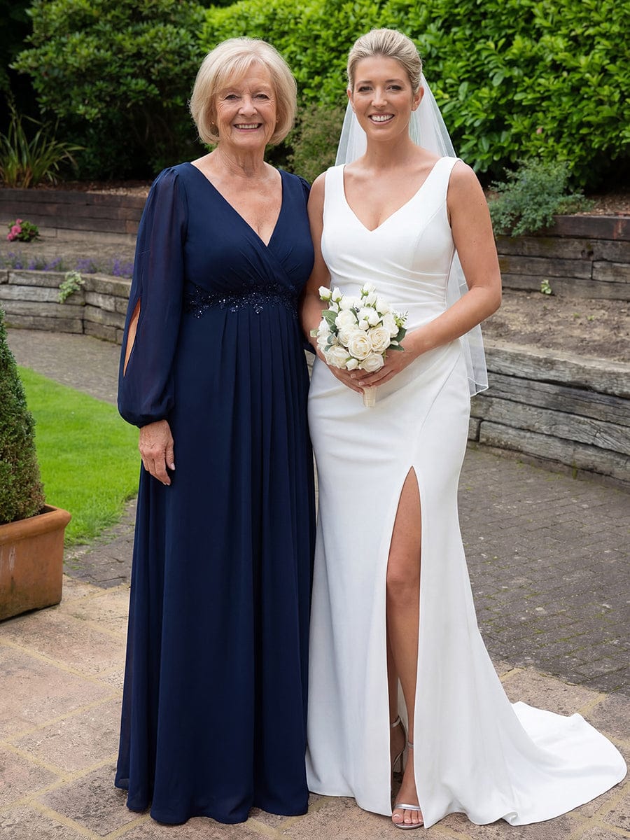 Lantern Long Slit Sleeve Deep V Applique Maxi Evening Dress #color_Navy Blue