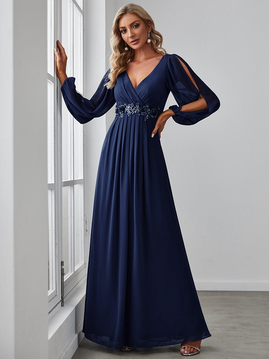 Lantern Long Slit Sleeve Deep V Applique Maxi Evening Dress #color_Navy Blue