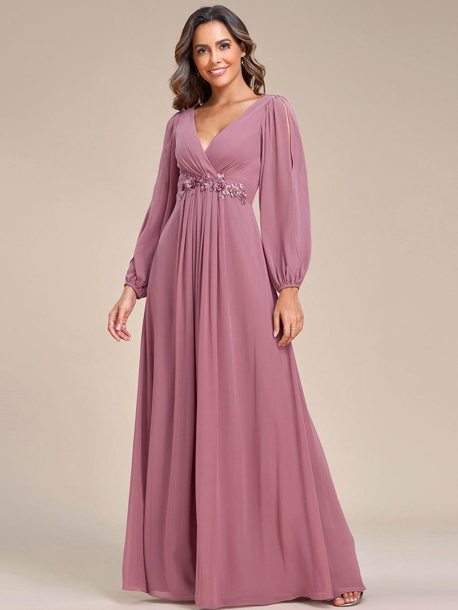 Custom Size Lantern Long Slit Sleeve Deep V Applique Maxi Evening Dress #color_Purple Orchid