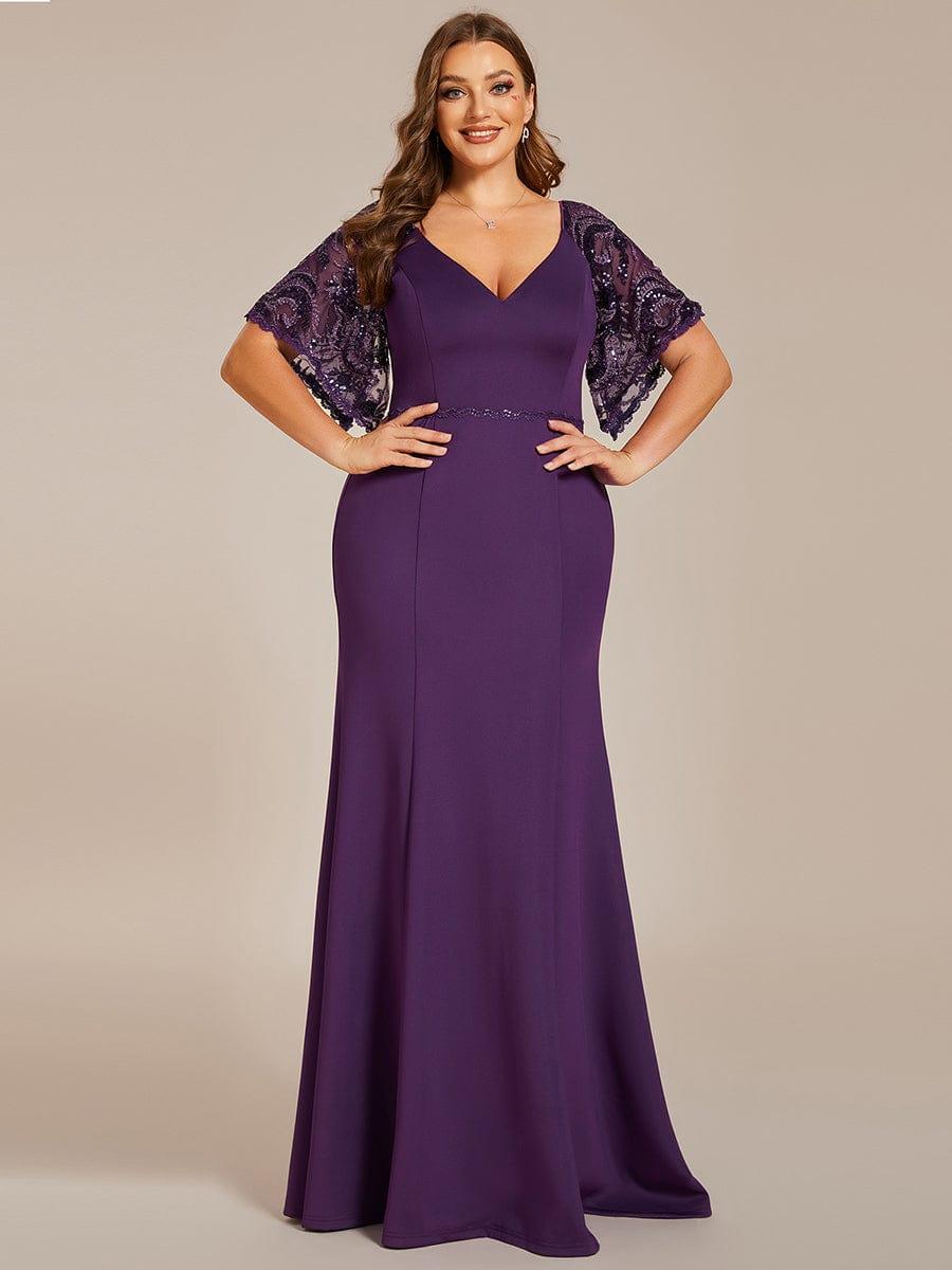 Custom Size Sexy Maxi V Neck Bodycon Party Dress with Flare Sleeves #color_Dark Purple