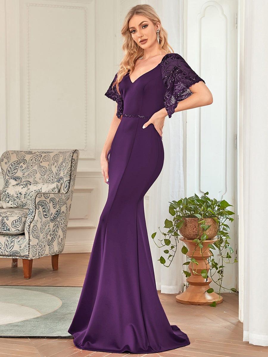 Custom Size Sexy Maxi V Neck Bodycon Party Dress with Flare Sleeves #color_Dark Purple