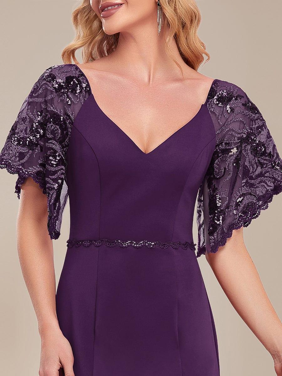 Custom Size Sexy Maxi V Neck Bodycon Party Dress with Flare Sleeves #color_Dark Purple