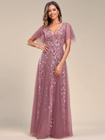 ever ASTRAL|Stunning V Neck Long Wedding Guest Dress with Ruffle Sleeves