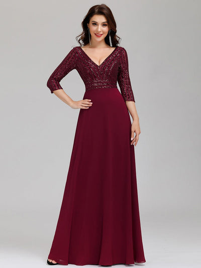 Sexy V Neck A-Line Sequin Evening Dresses with 3/4 Sleeve #color_Burgundy