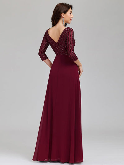 Sexy V Neck A-Line Sequin Evening Dresses with 3/4 Sleeve #color_Burgundy