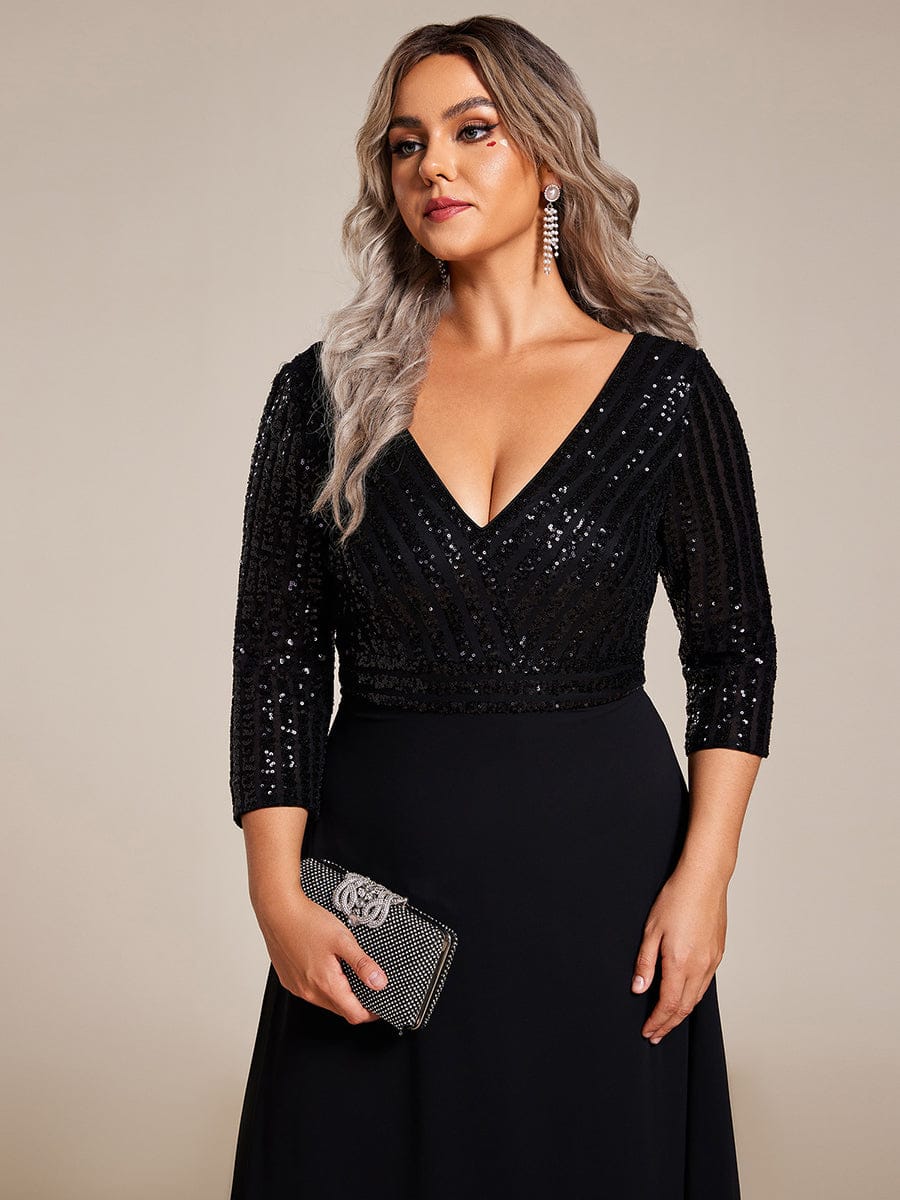 Sexy V Neck A-Line Sequin Evening Dresses with 3/10 Sleeve #color_Black