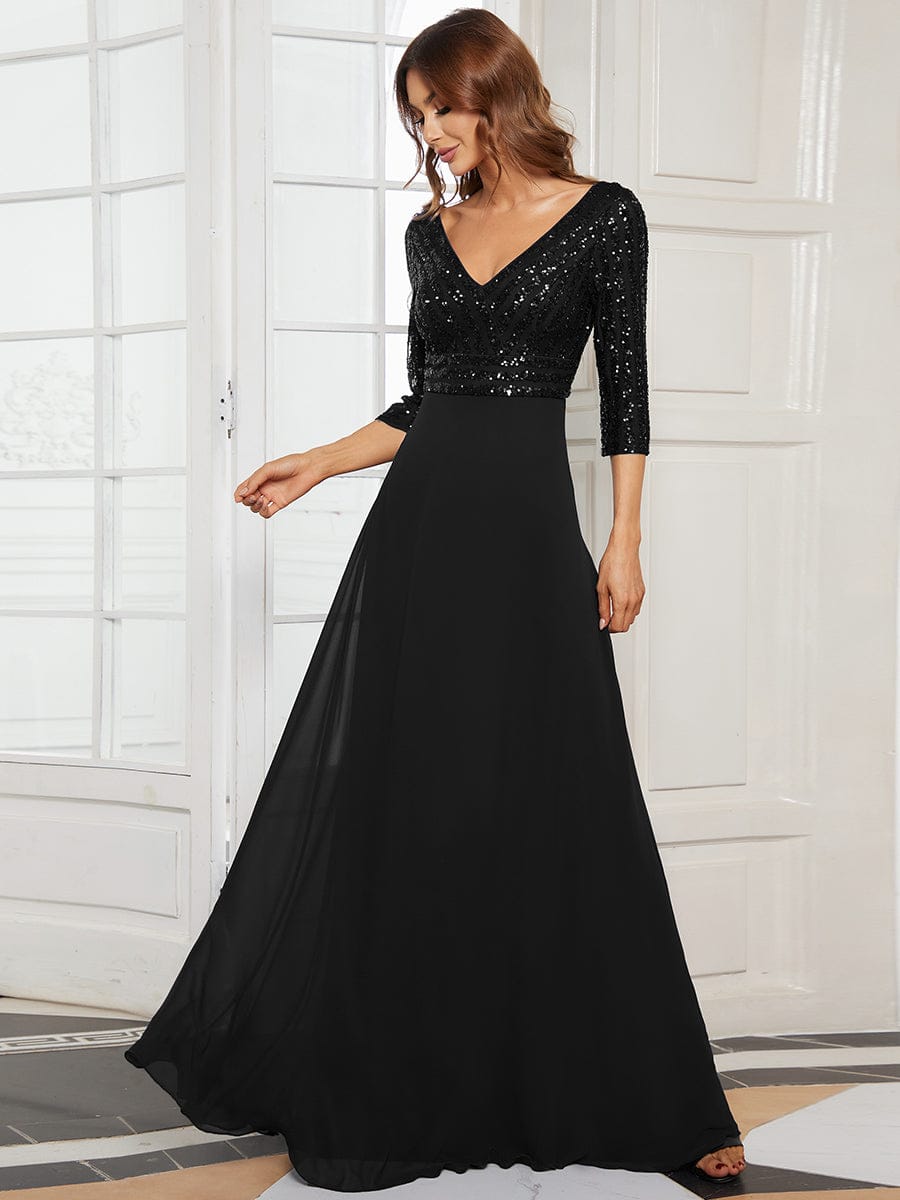 Sexy V Neck A-Line Sequin Evening Dresses with 3/7 Sleeve #color_Black