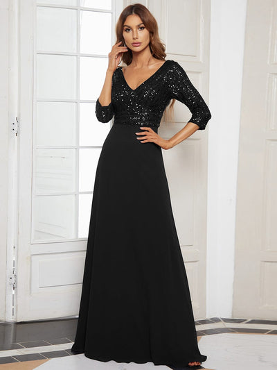 Sexy V Neck A-Line Sequin Evening Dresses with 3/4 Sleeve #color_Black