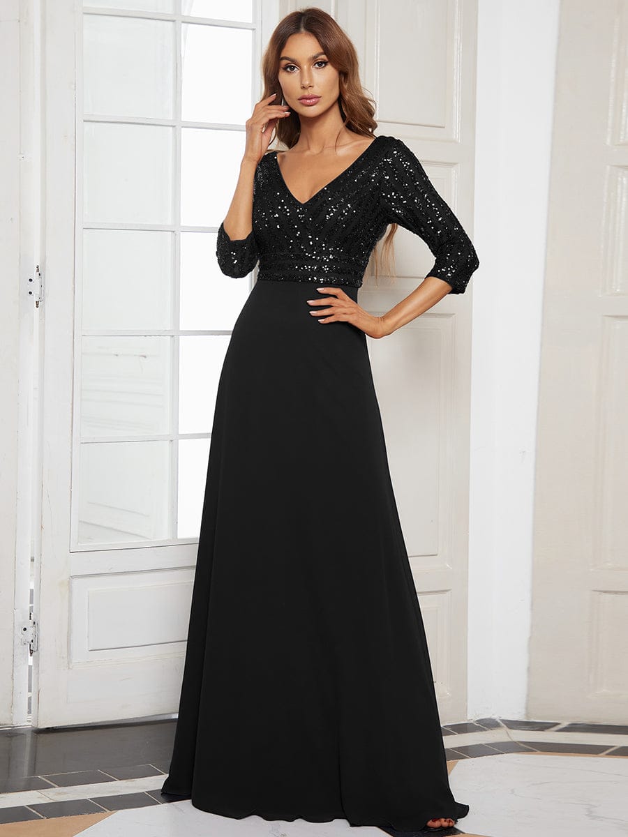 Sexy V Neck A-Line Sequin Evening Dresses with 3/4 Sleeve #color_Black