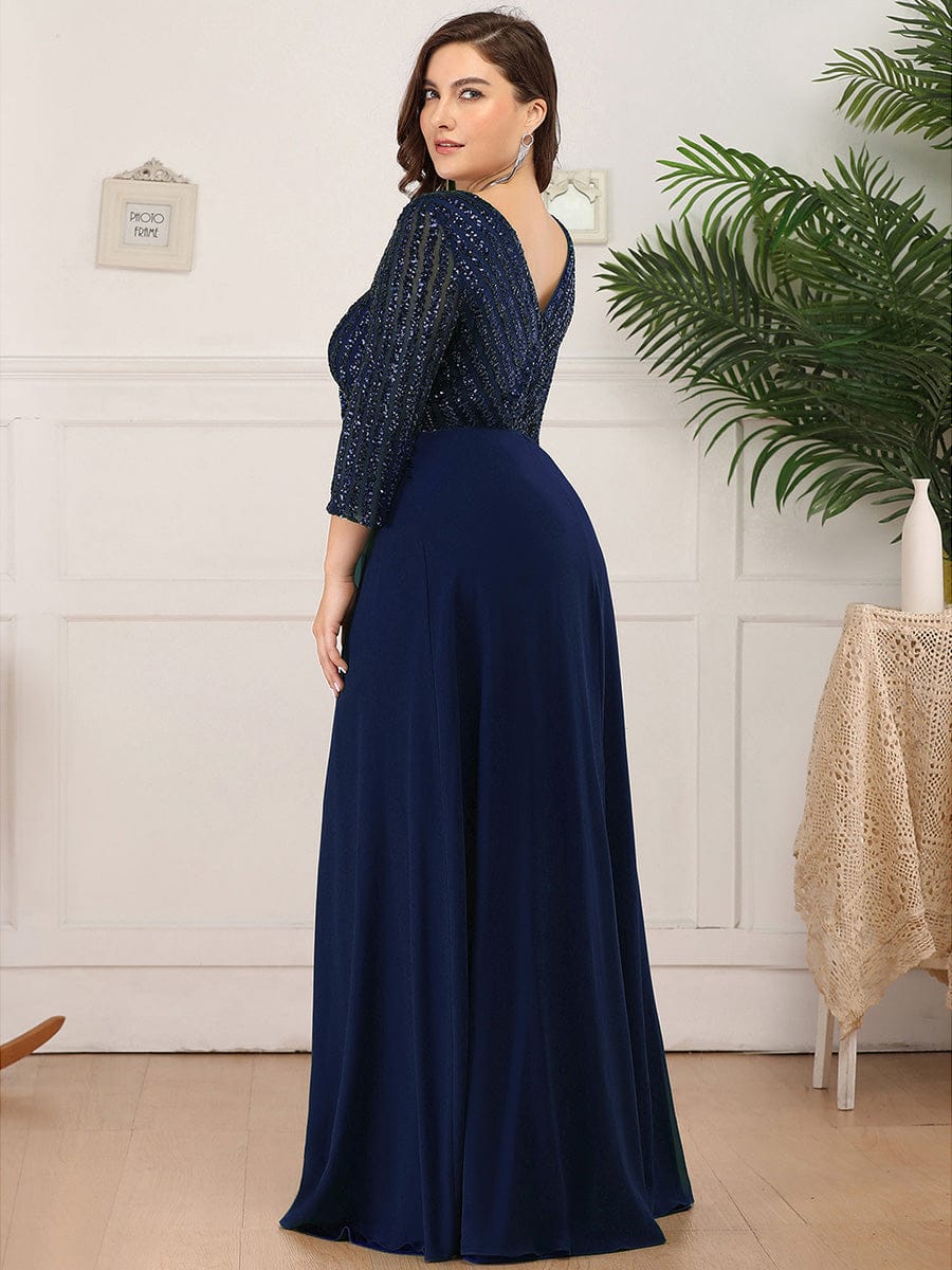 Sexy V Neck A-Line Sequin Evening Dresses with 3/4 Sleeve #color_Navy Blue