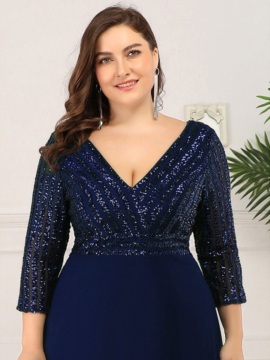 Sexy V Neck A-Line Sequin Evening Dresses with 3/4 Sleeve #color_Navy Blue