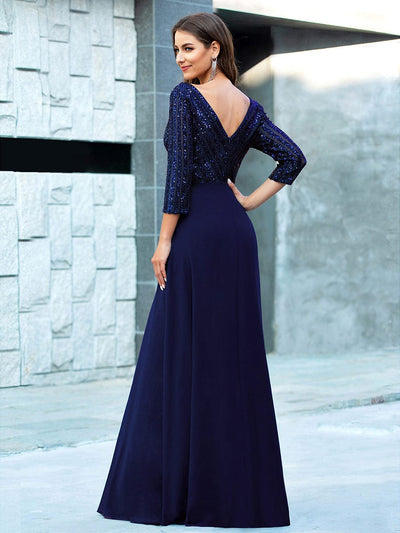 Sexy V Neck A-Line Sequin Evening Dresses with 3/4 Sleeve #color_Navy Blue