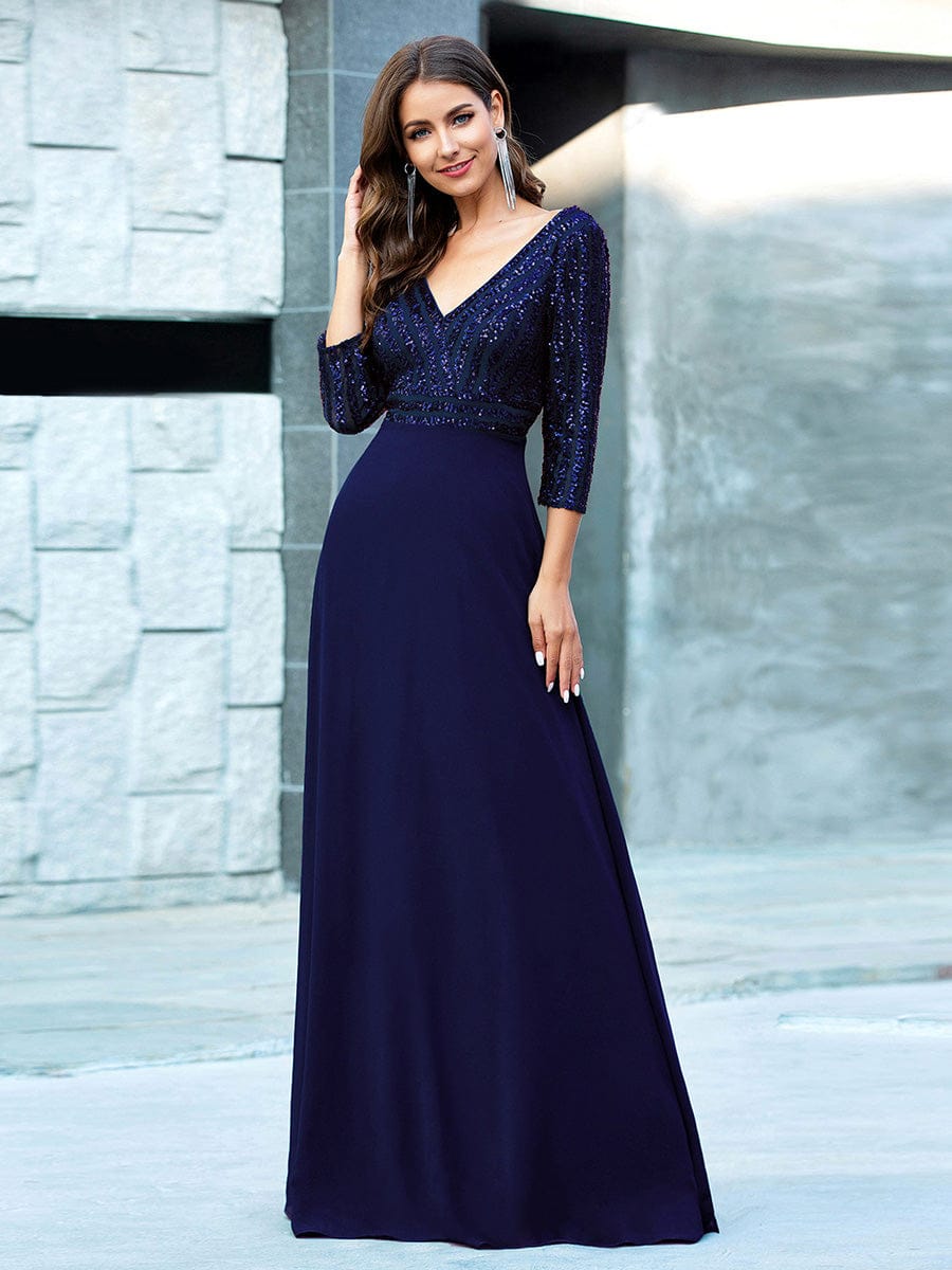 Sexy V Neck A-Line Sequin Evening Dresses with 3/4 Sleeve #color_Navy Blue