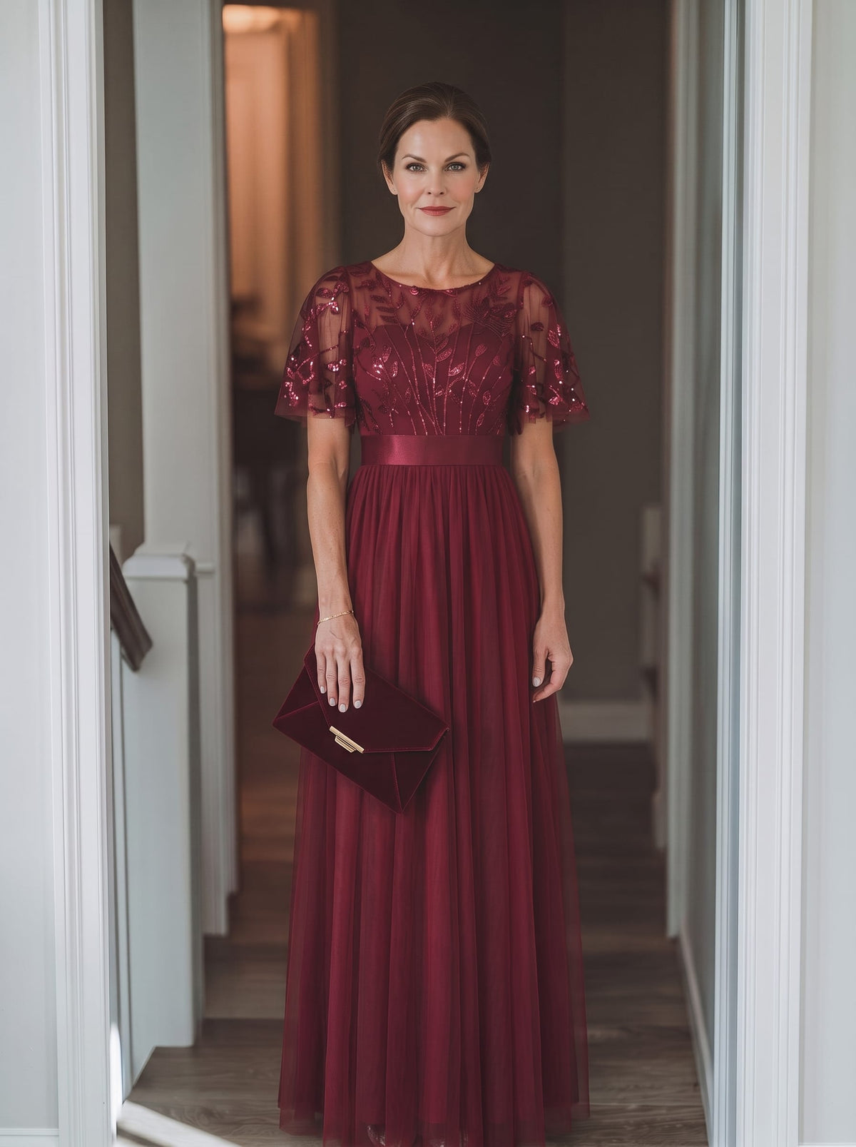 Women's A-Line Short Sleeve Embroidery Floor Length Wedding Guest Dresses #color_Burgundy