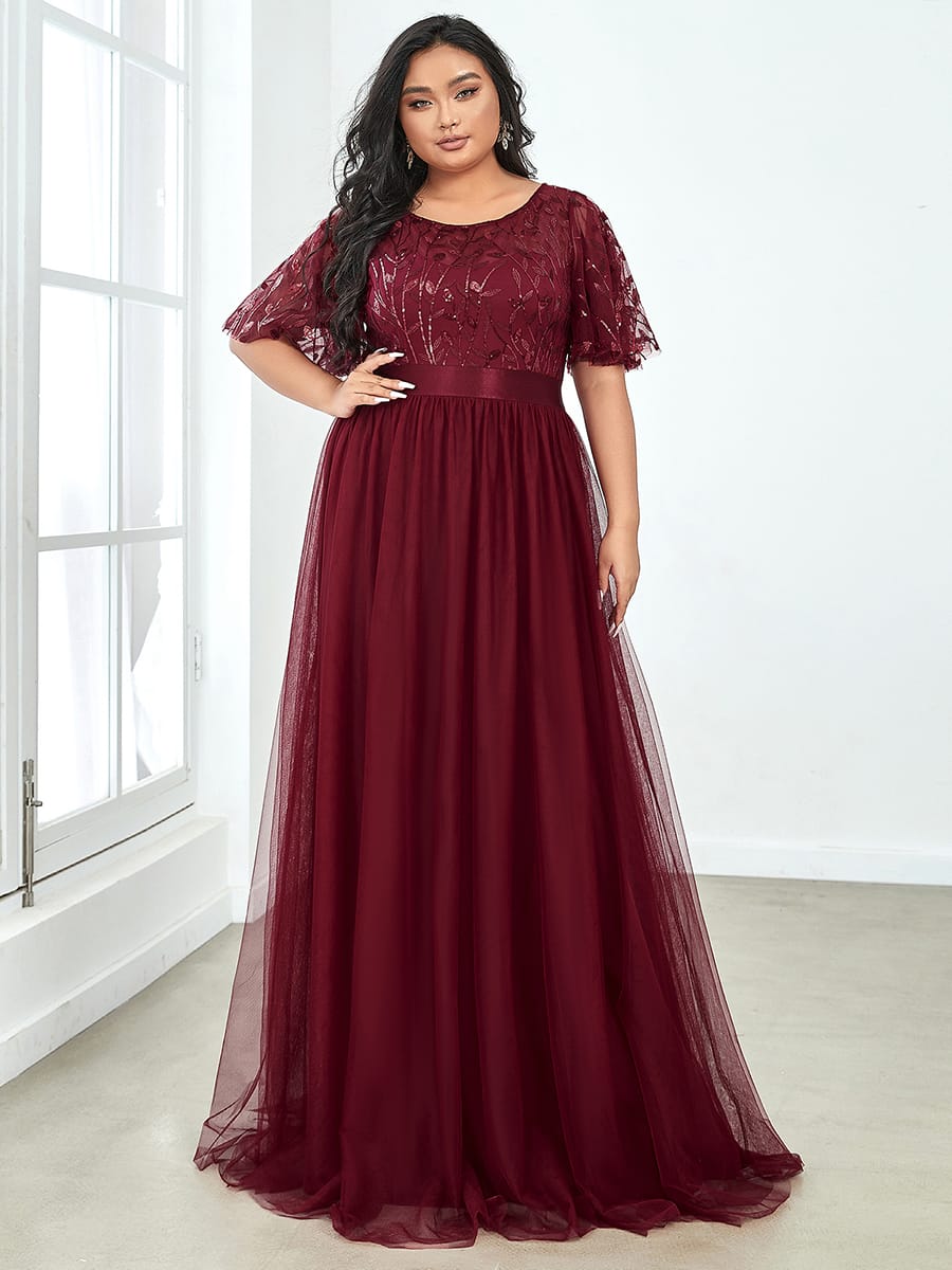 Women's A-Line Short Sleeve Embroidery Floor Length Wedding Guest Dresses #color_Burgundy