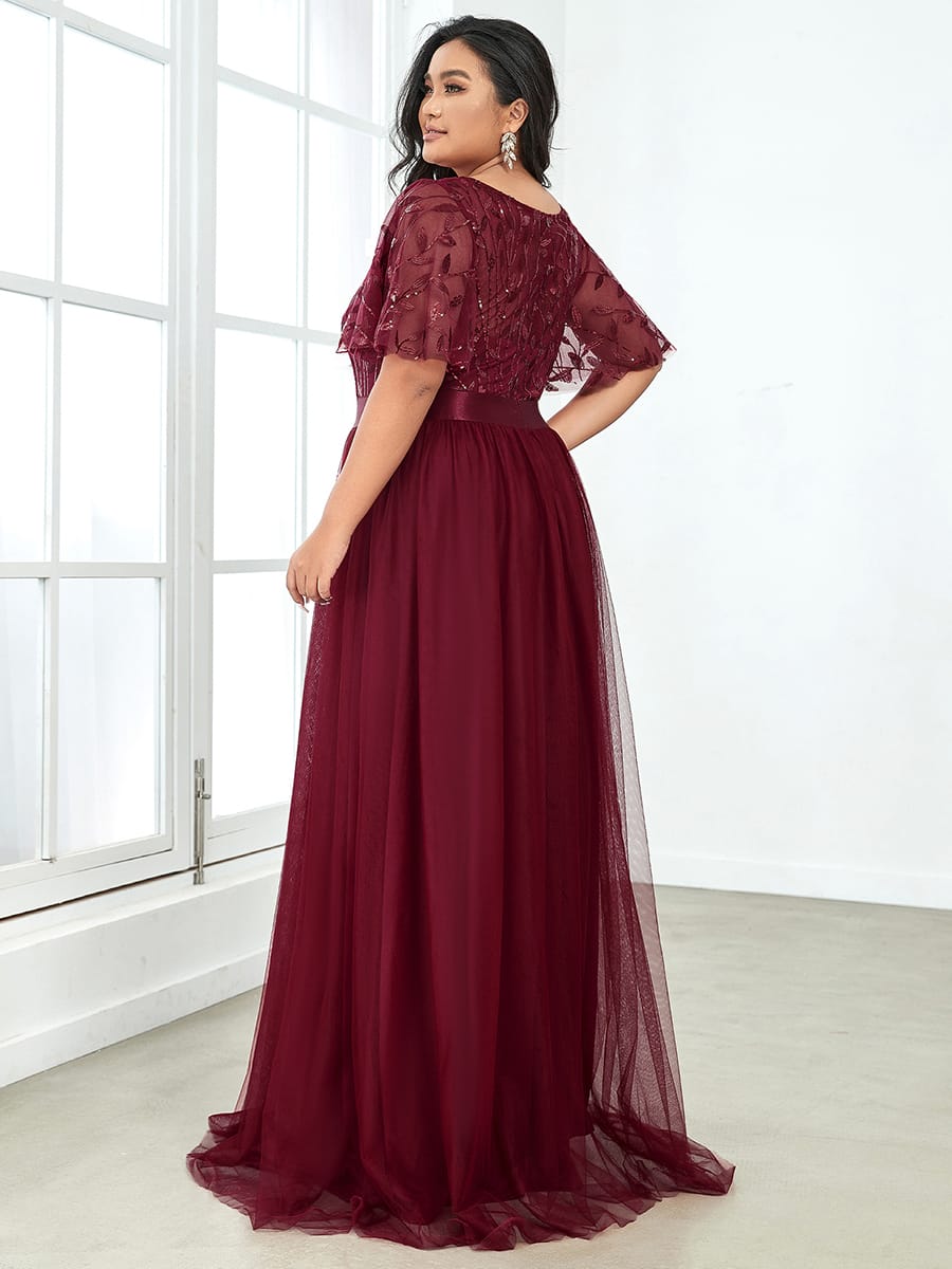 Women's A-Line Short Sleeve Embroidery Floor Length Wedding Guest Dresses #color_Burgundy