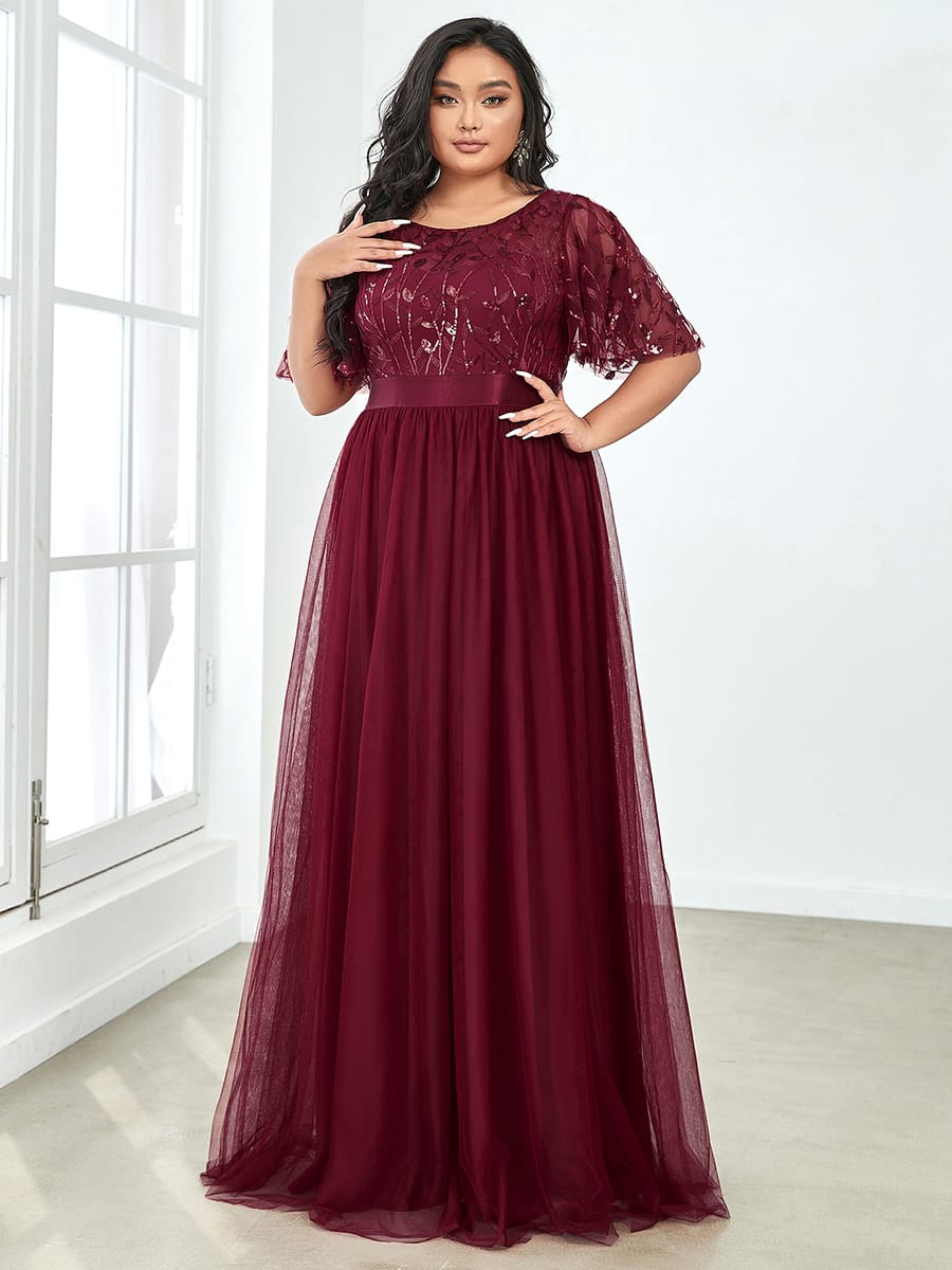 Women's A-Line Short Sleeve Embroidery Floor Length Wedding Guest Dresses #color_Burgundy