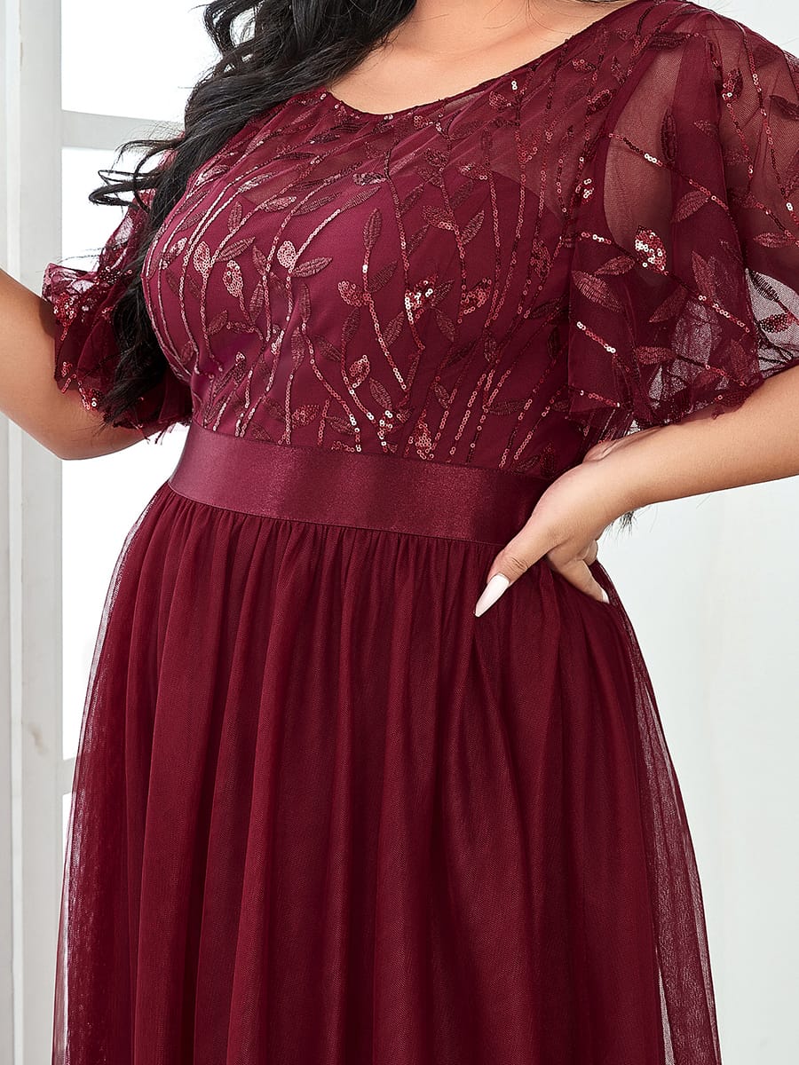 Women's A-Line Short Sleeve Embroidery Floor Length Wedding Guest Dresses #color_Burgundy