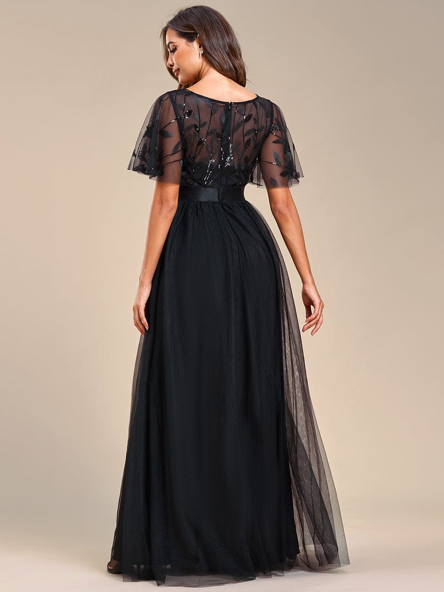 Women's A-Line Short Sleeve Embroidery Floor Length Wedding Guest Dresses #color_Black