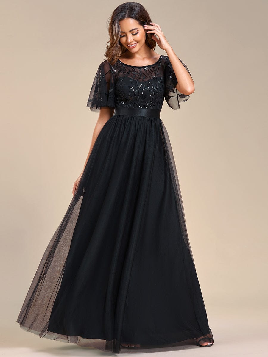 Women's A-Line Short Sleeve Embroidery Floor Length Wedding Guest Dresses #color_Black