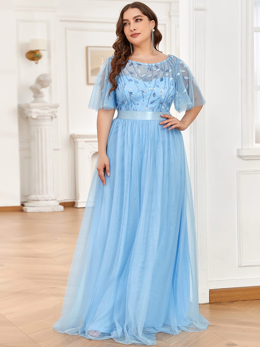 Women's A-Line Short Sleeve Embroidery Floor Length Wedding Guest Dresses #color_Sky Blue