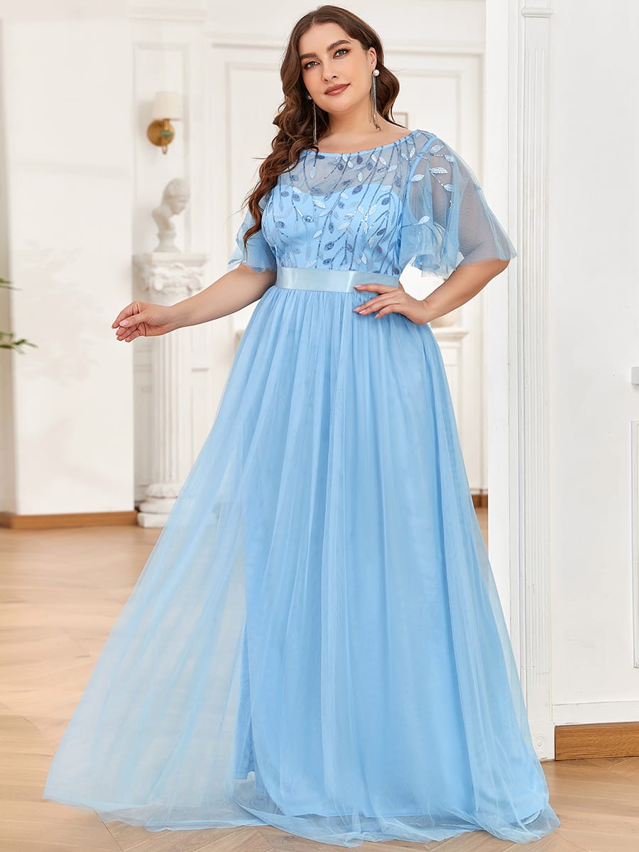 Women's A-Line Short Sleeve Embroidery Floor Length Wedding Guest Dresses #color_Sky Blue