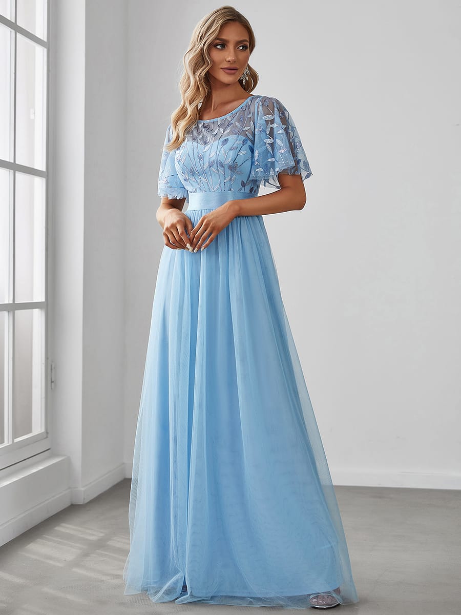 Women's A-Line Short Sleeve Embroidery Floor Length Wedding Guest Dresses #color_Sky Blue