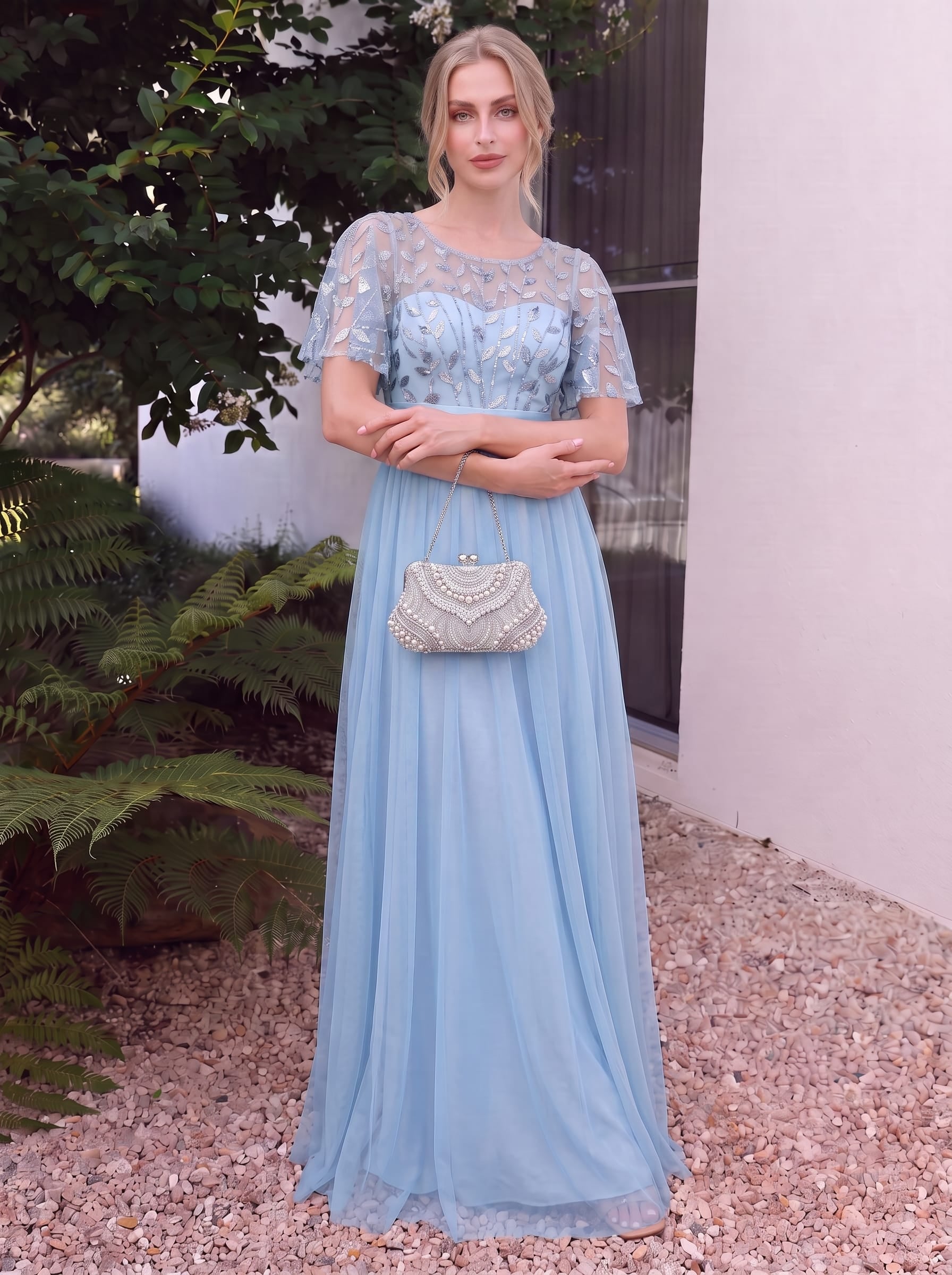 Women's A-Line Short Sleeve Embroidery Floor Length Wedding Guest Dresses #color_Sky Blue