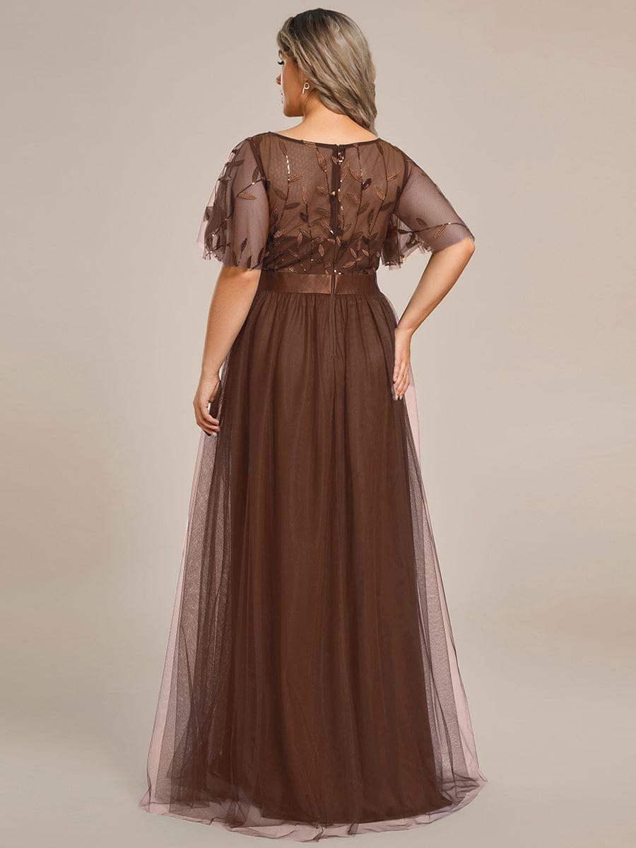 Women's A-Line Short Sleeve Embroidery Floor Length Wedding Guest Dresses #color_Brown