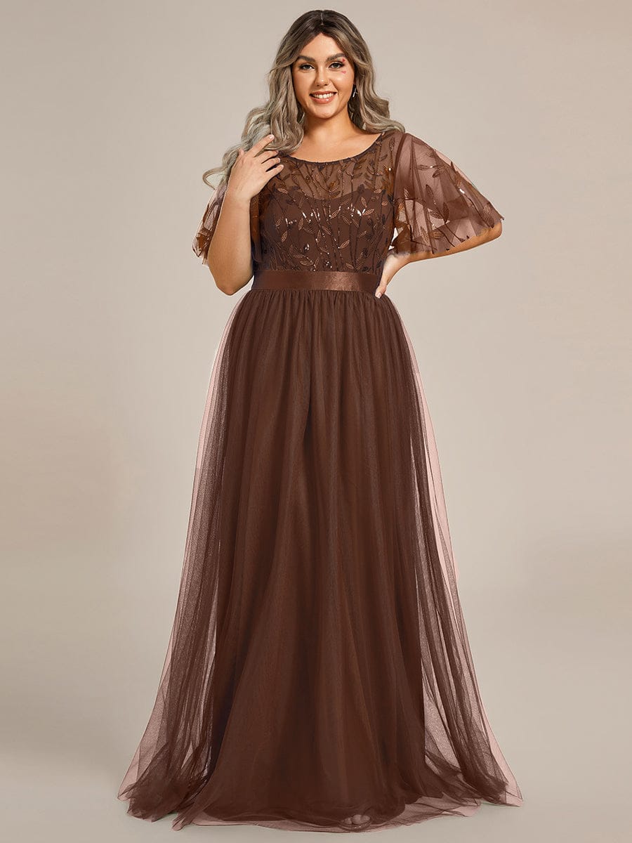 Women's A-Line Short Sleeve Embroidery Floor Length Dresses In Pink #color_Brown