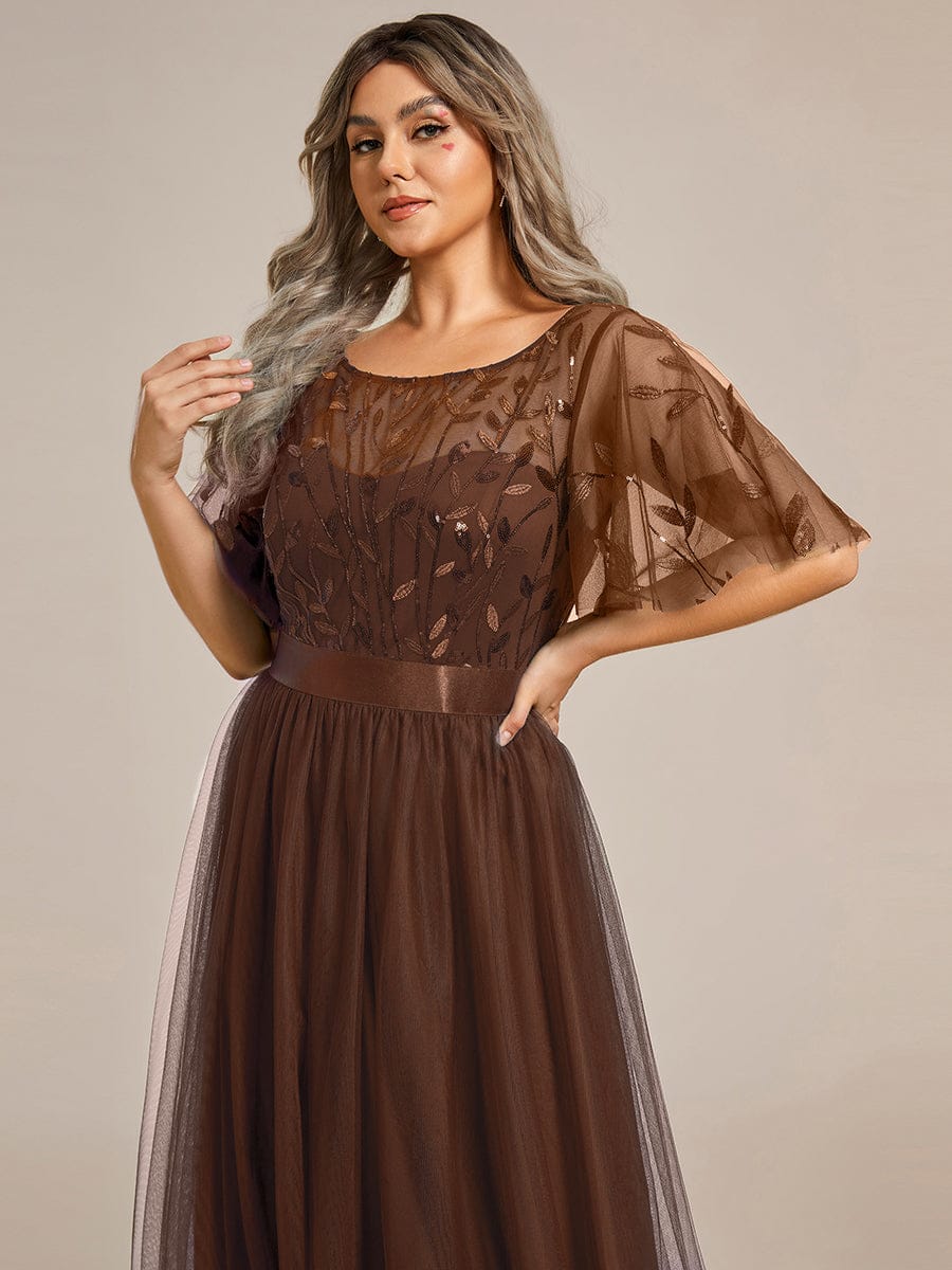 Women's A-Line Short Sleeve Embroidery Floor Length Wedding Guest Dresses #color_Brown