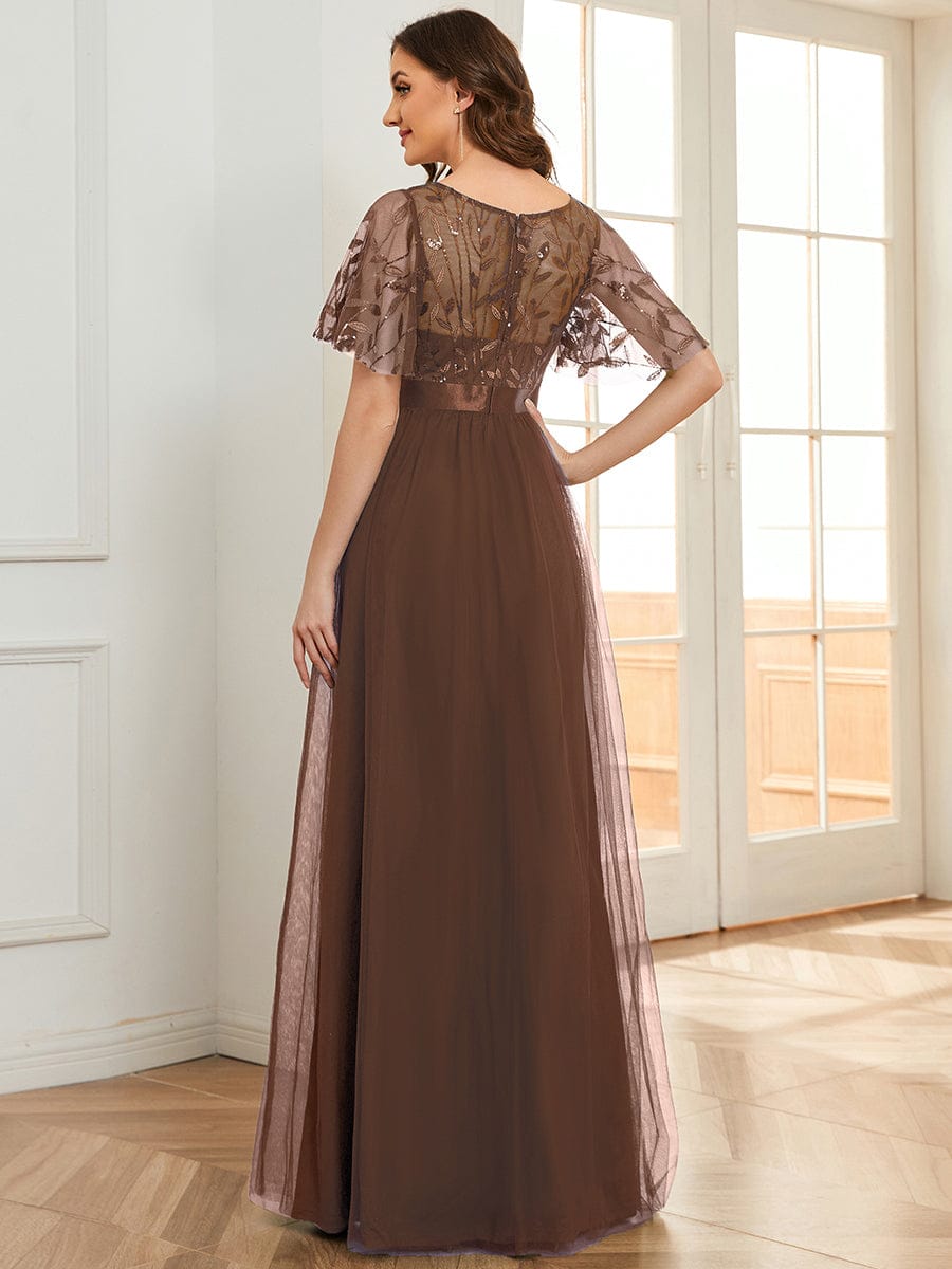 Women's A-Line Short Sleeve Embroidery Floor Length Dresses In Pink #color_Brown
