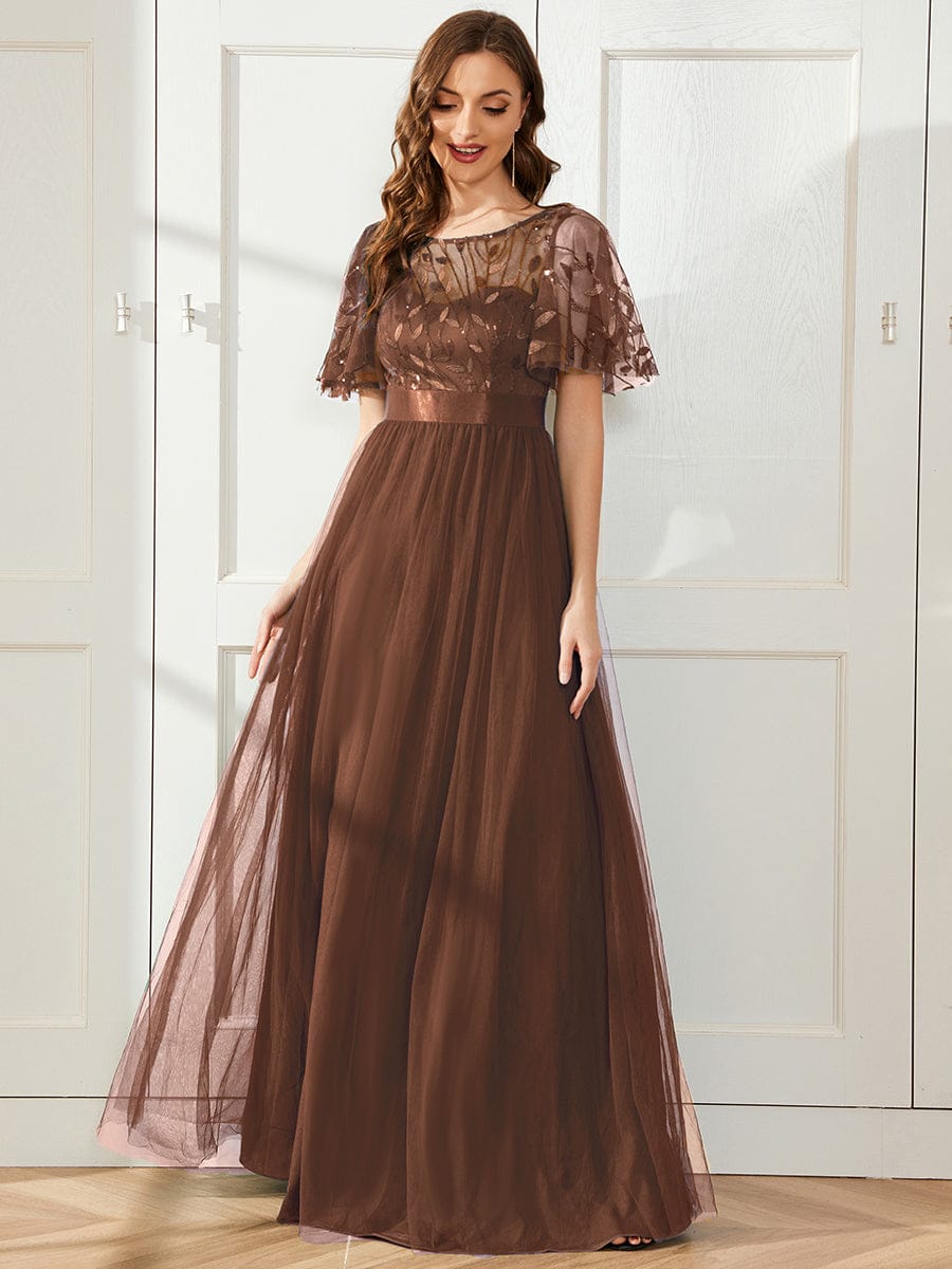 Women's A-Line Short Sleeve Embroidery Floor Length Wedding Guest Dresses #color_Brown