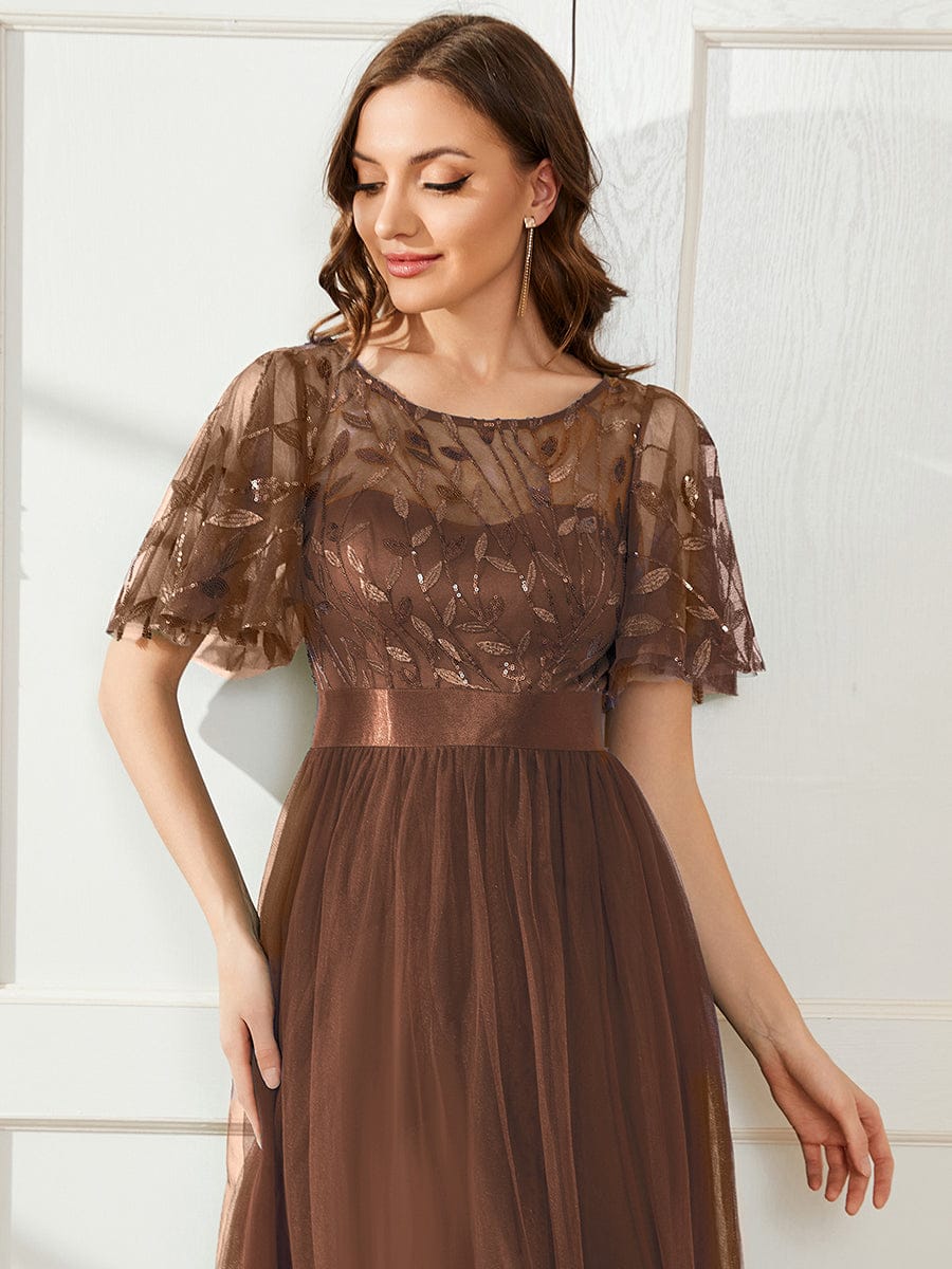 Women's A-Line Short Sleeve Embroidery Floor Length Dresses In Pink #color_Brown