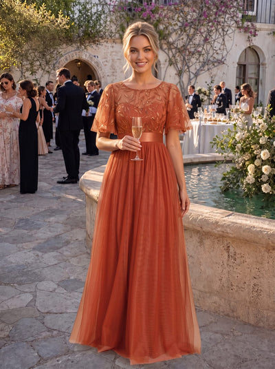 ever SAPHIR|Women's A-Line Short Sleeve Embroidery Floor Length Evening Dresses
