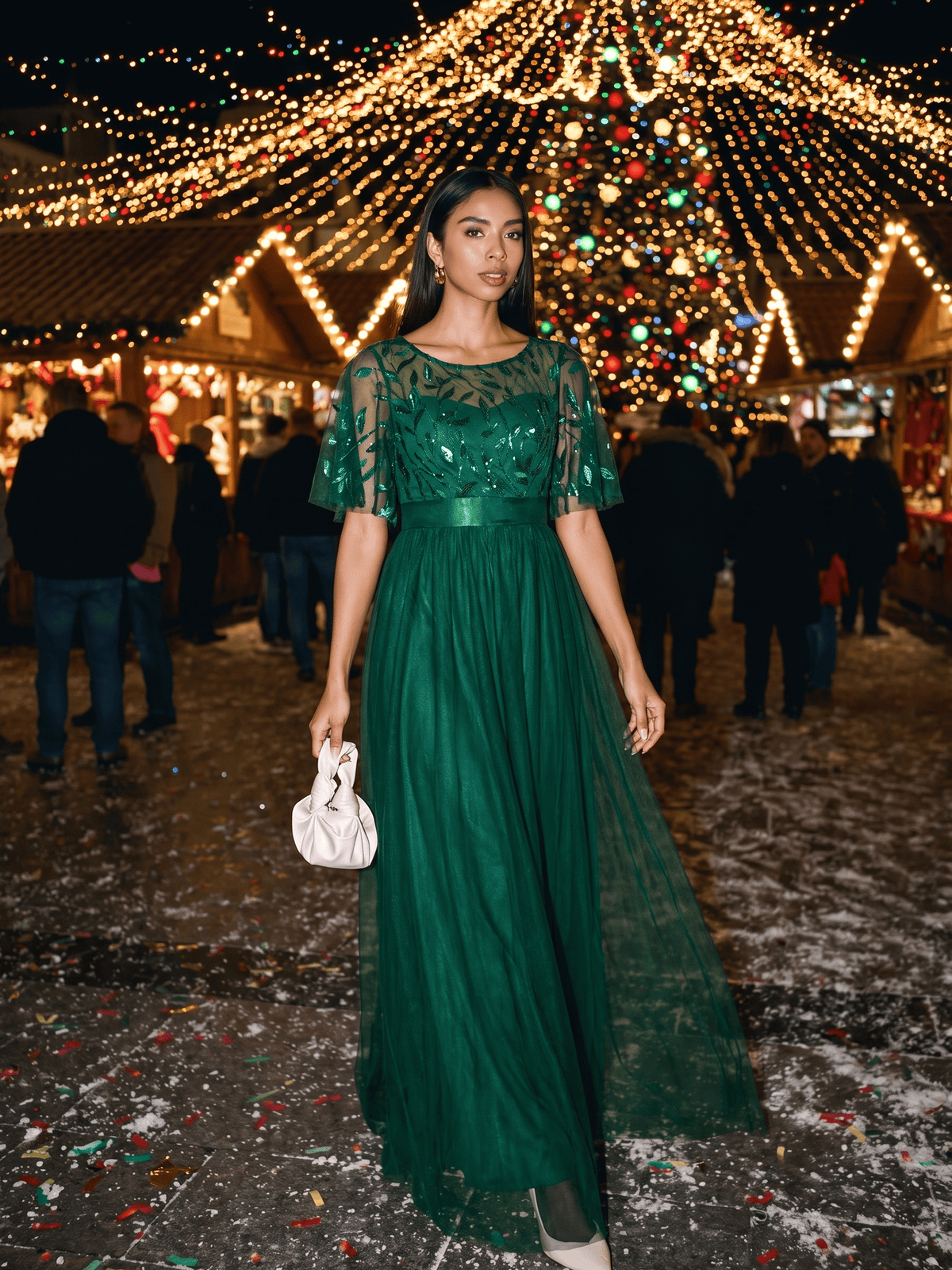Women's A-Line Short Sleeve Embroidery Floor Length Wedding Guest Dresses #color_Dark Green