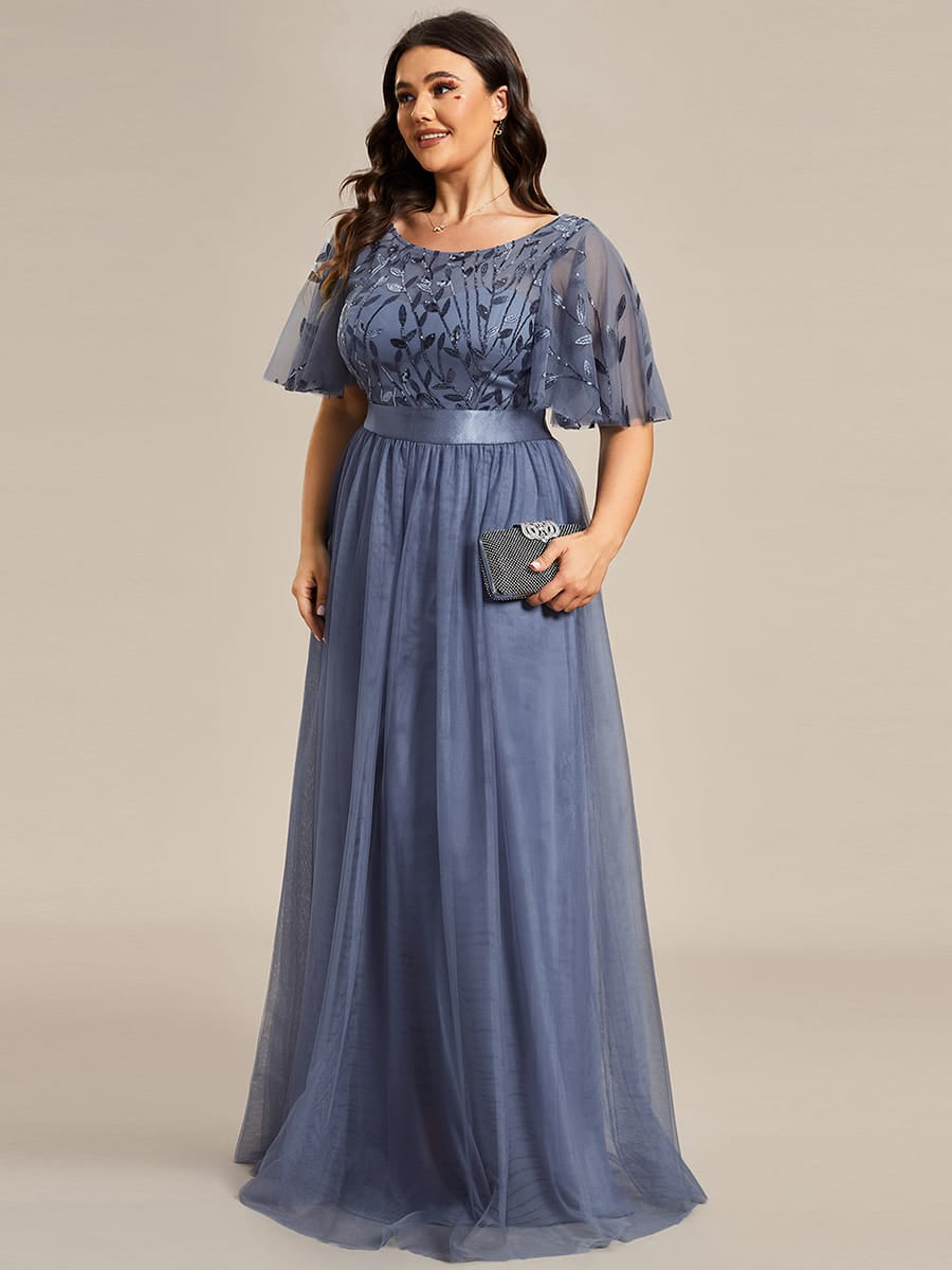 Women's A-Line Short Sleeve Embroidery Floor Length Evening Dresses #color_Dusty Blue