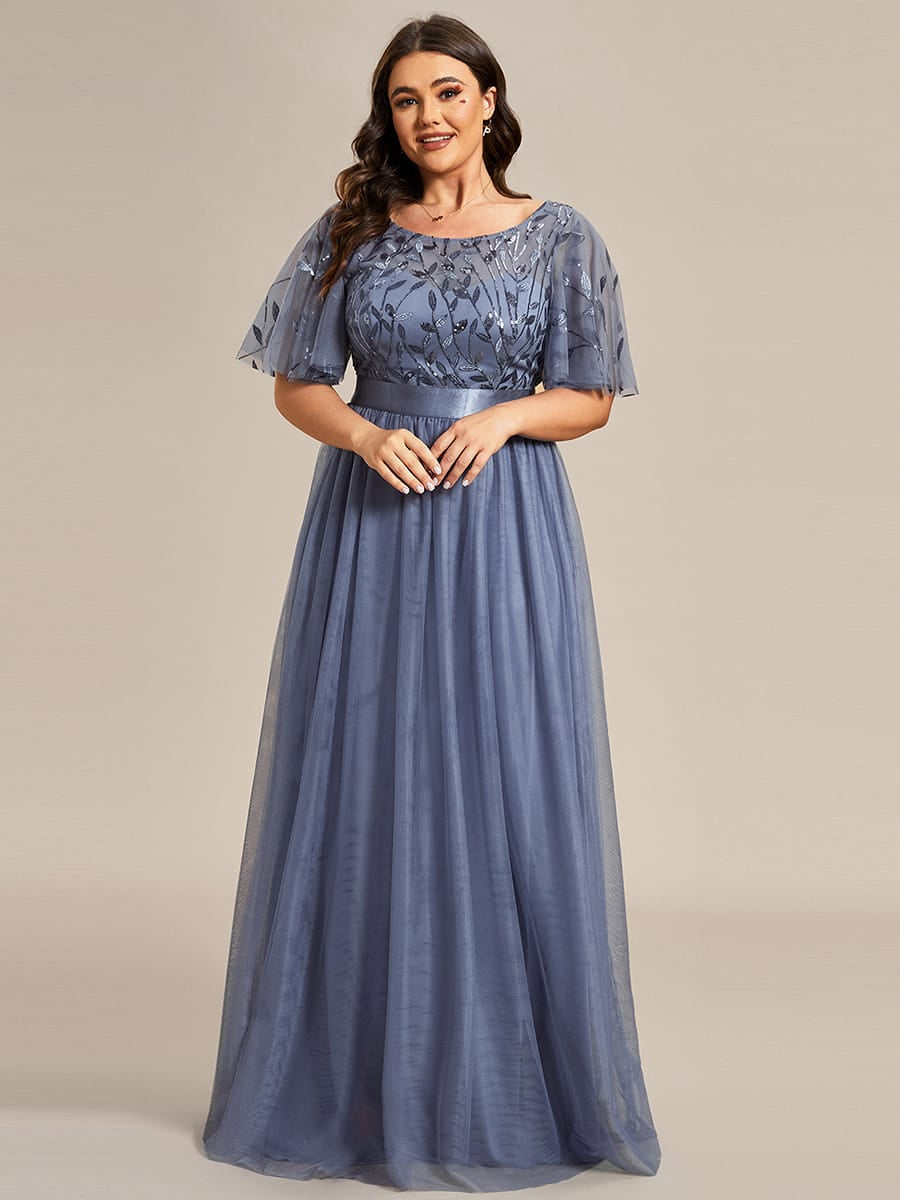 Women's A-Line Short Sleeve Embroidery Floor Length Evening Dresses #color_Dusty Blue