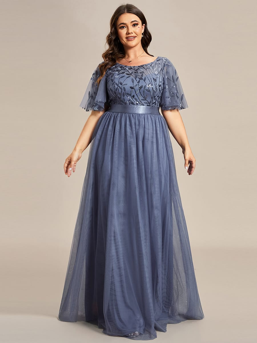 Women's A-Line Short Sleeve Embroidery Floor Length Evening Dresses #color_Dusty Blue