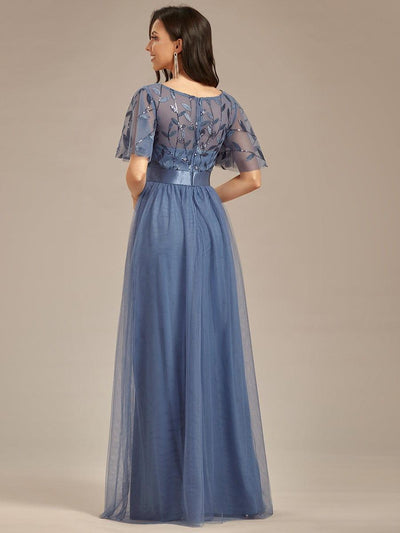Women's A-Line Short Sleeve Embroidery Floor Length Wedding Guest Dresses #color_Dusty Blue