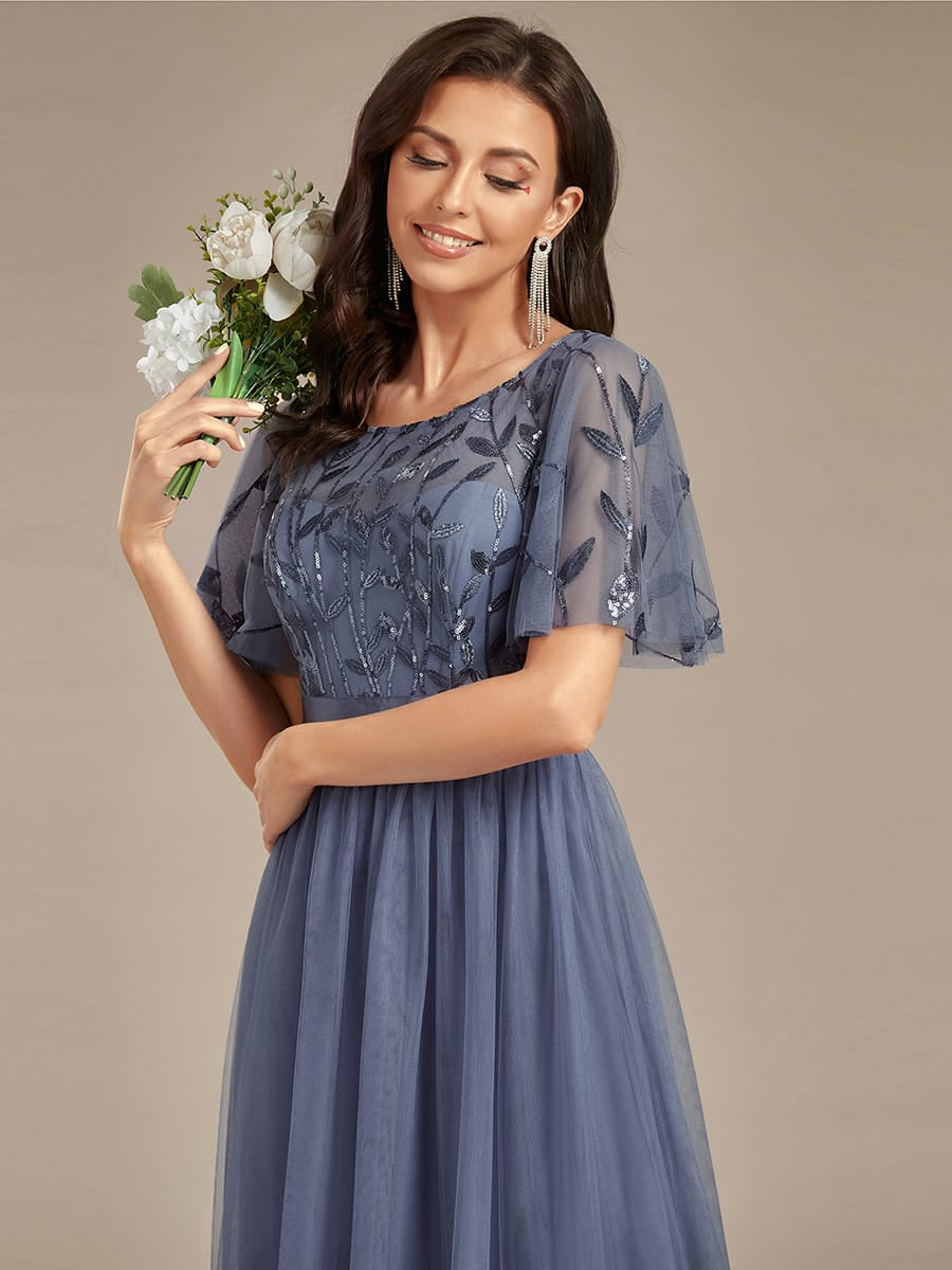 Women's A-Line Short Sleeve Embroidery Floor Length Evening Dresses #color_Dusty Blue