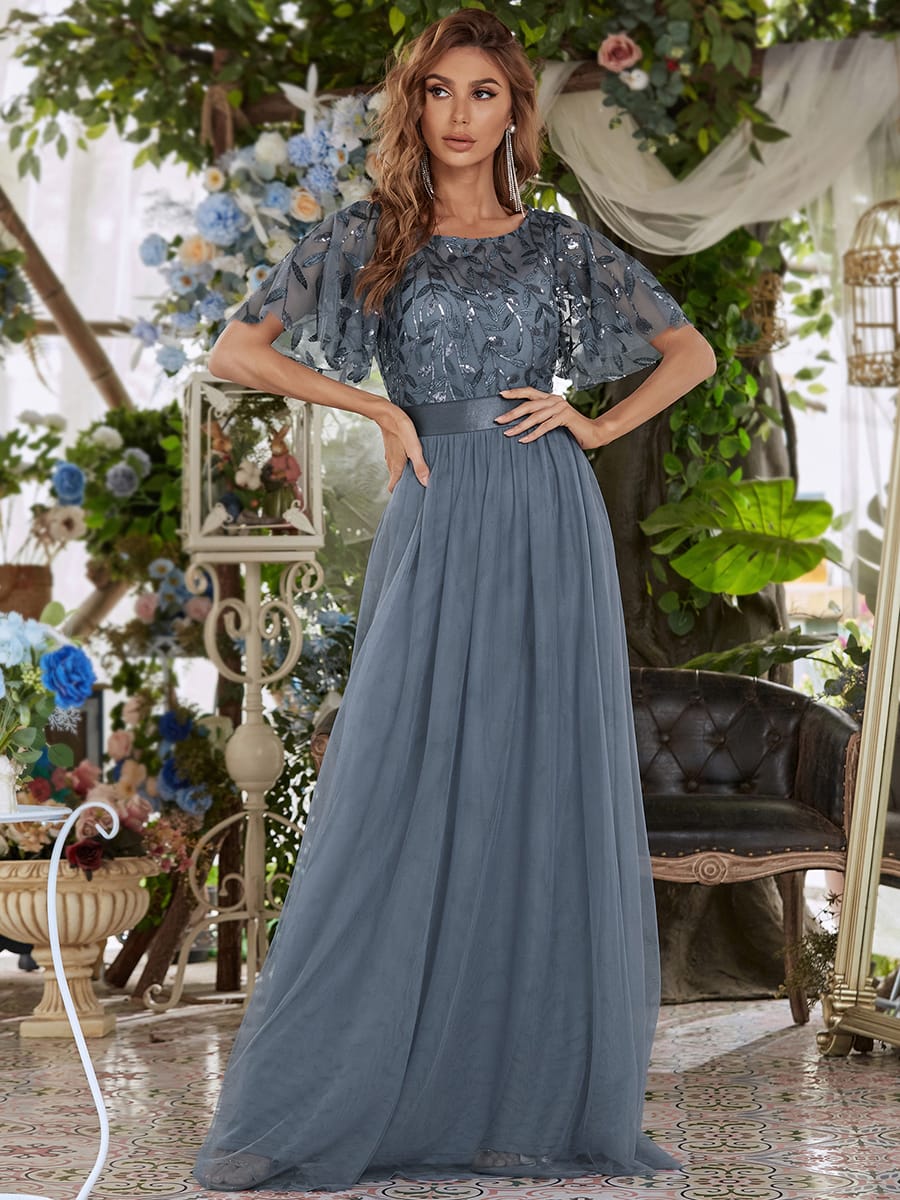 Women's A-Line Short Sleeve Embroidery Floor Length Evening Dresses #color_Dusty Blue