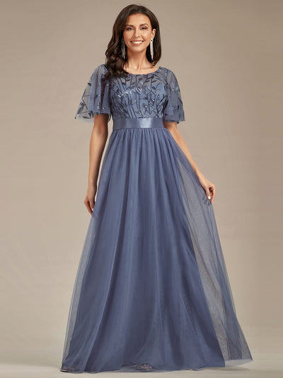 Women's A-Line Short Sleeve Embroidery Floor Length Evening Dresses #color_Dusty Blue