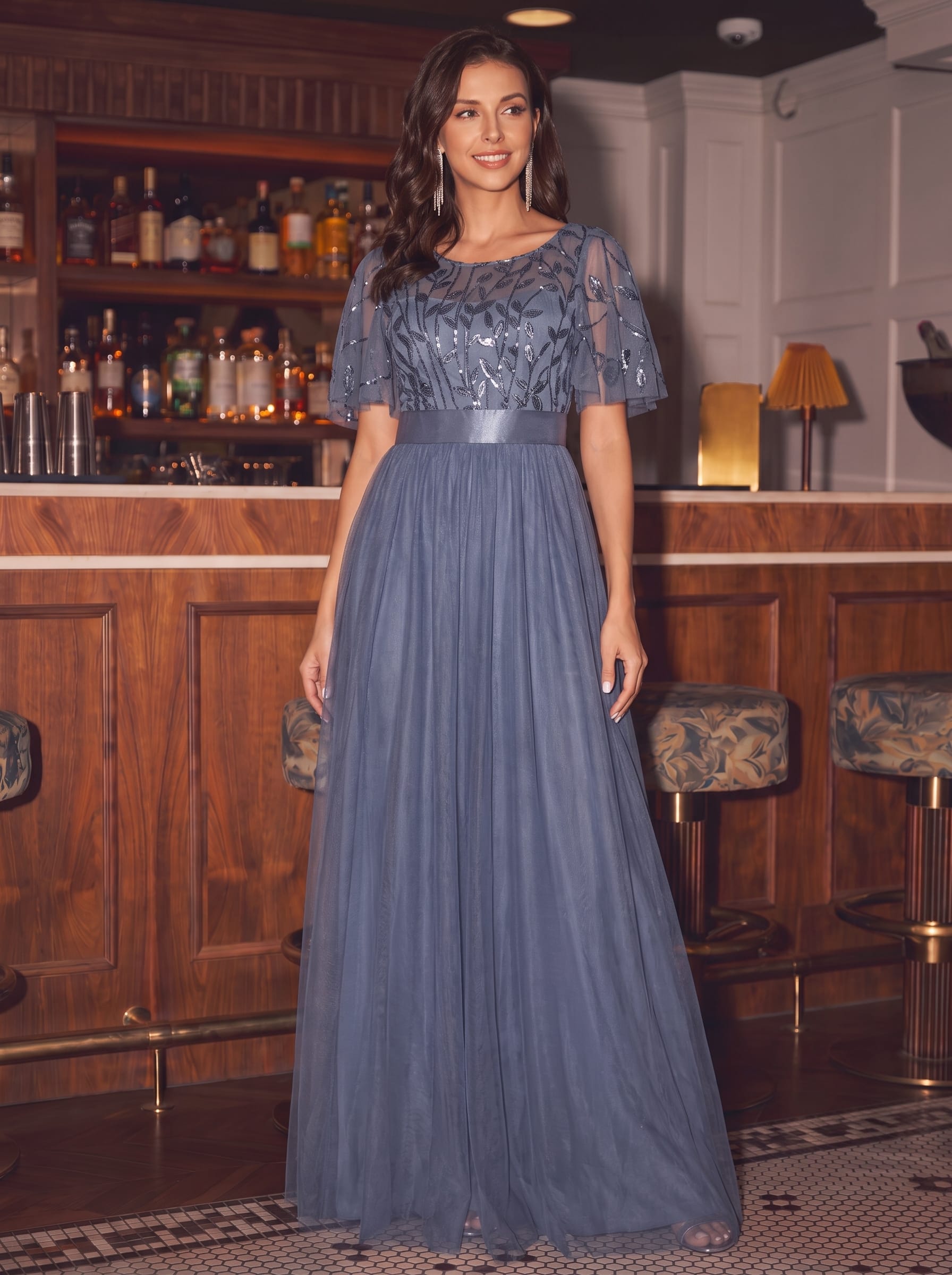 Women's A-Line Short Sleeve Embroidery Floor Length Evening Dresses #color_Dusty Blue