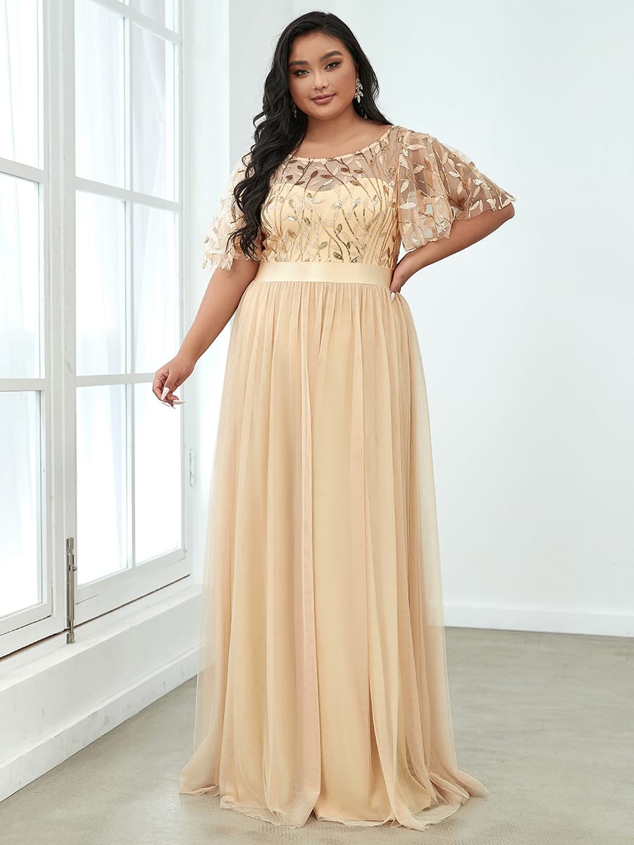 Women's A-Line Short Sleeve Embroidery Floor Length Evening Dresses #color_Gold
