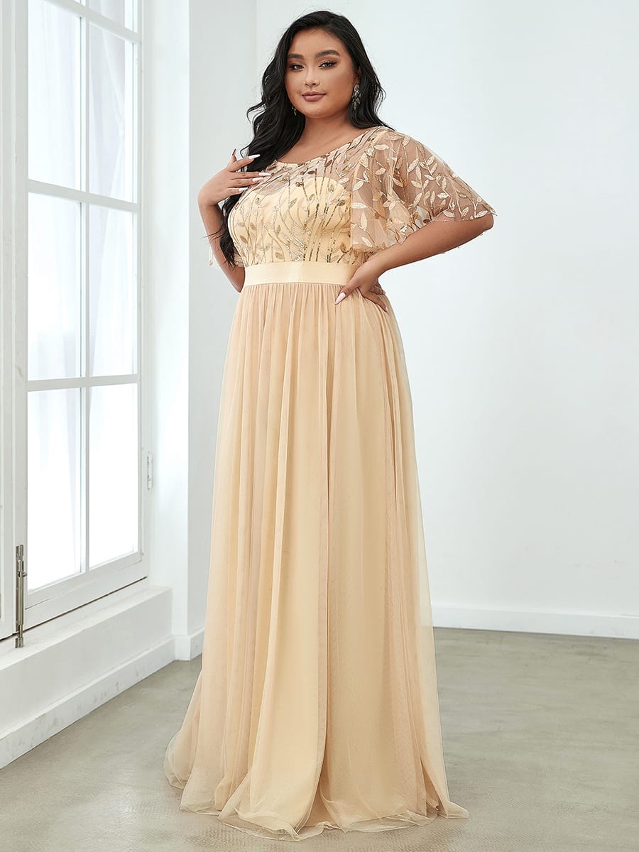 Women's A-Line Short Sleeve Embroidery Floor Length Evening Dresses #color_Gold