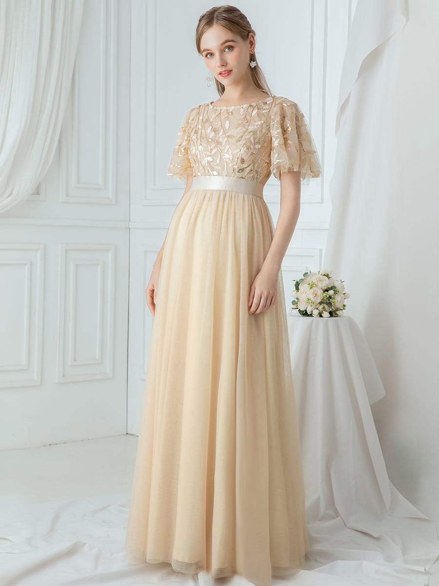 Women's A-Line Short Sleeve Embroidery Floor Length Evening Dresses #color_Gold