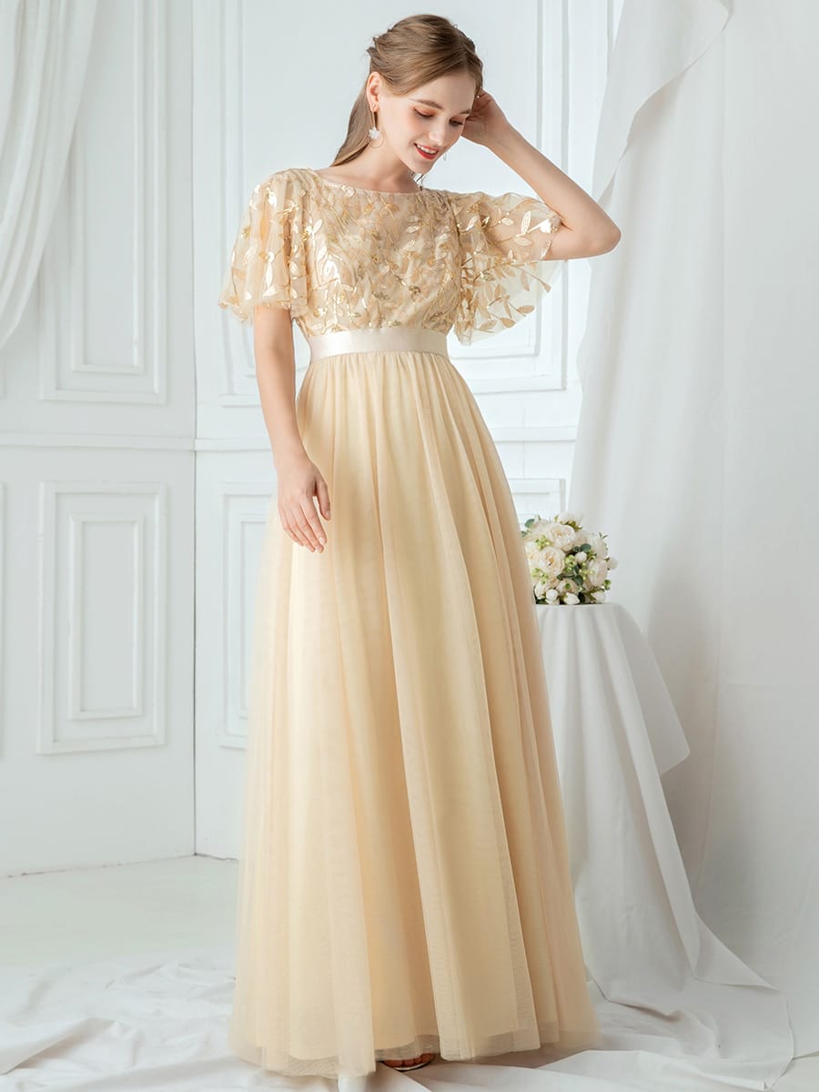Women's A-Line Short Sleeve Embroidery Floor Length Evening Dresses #color_Gold